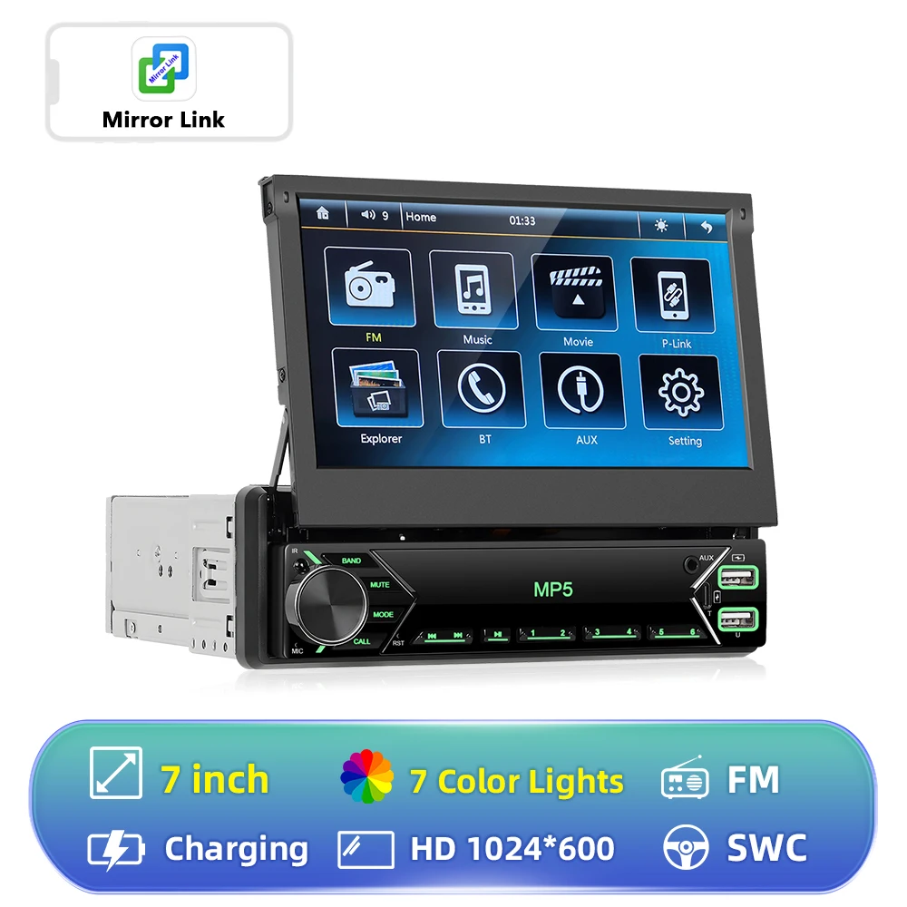 Podofo 7-Zoll-Autoradio mit ausziehbarem Bildschirm, Carplay, 1-DIN, Android, Multimedia-Videoplayer, GPS-Navigation, WLAN, Audio-Stereo, KI-Sprachsteuerung, FM, RDS