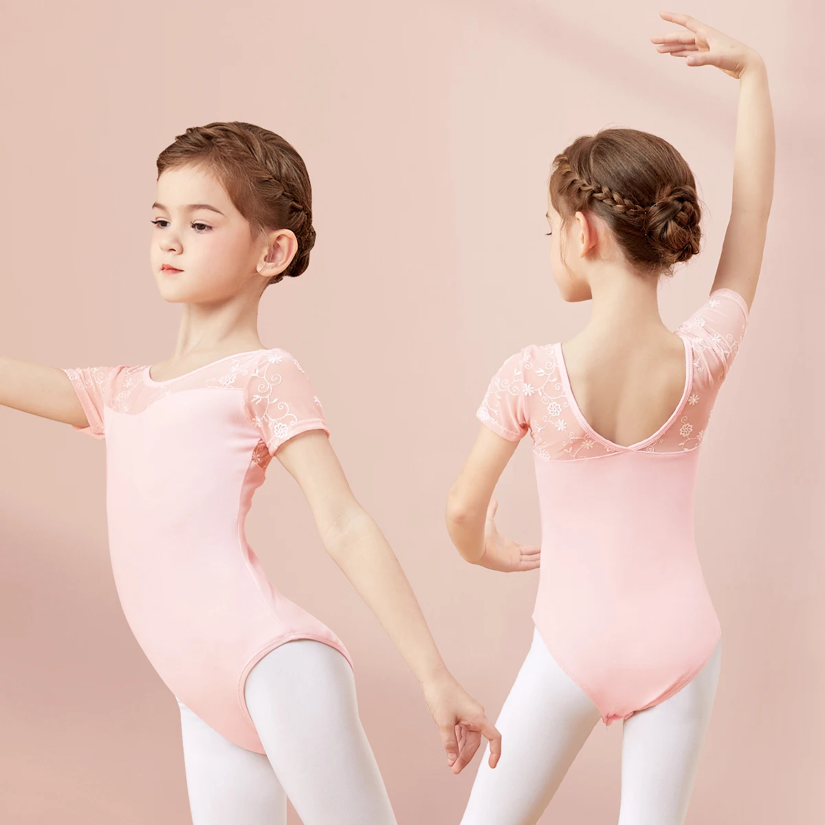 Ballet Leotards Girls Cotton Embroidery Splice Short Sleeves Dance Leotards Gymnastics Leotard Ballet Dancing Bodysuit For Girls