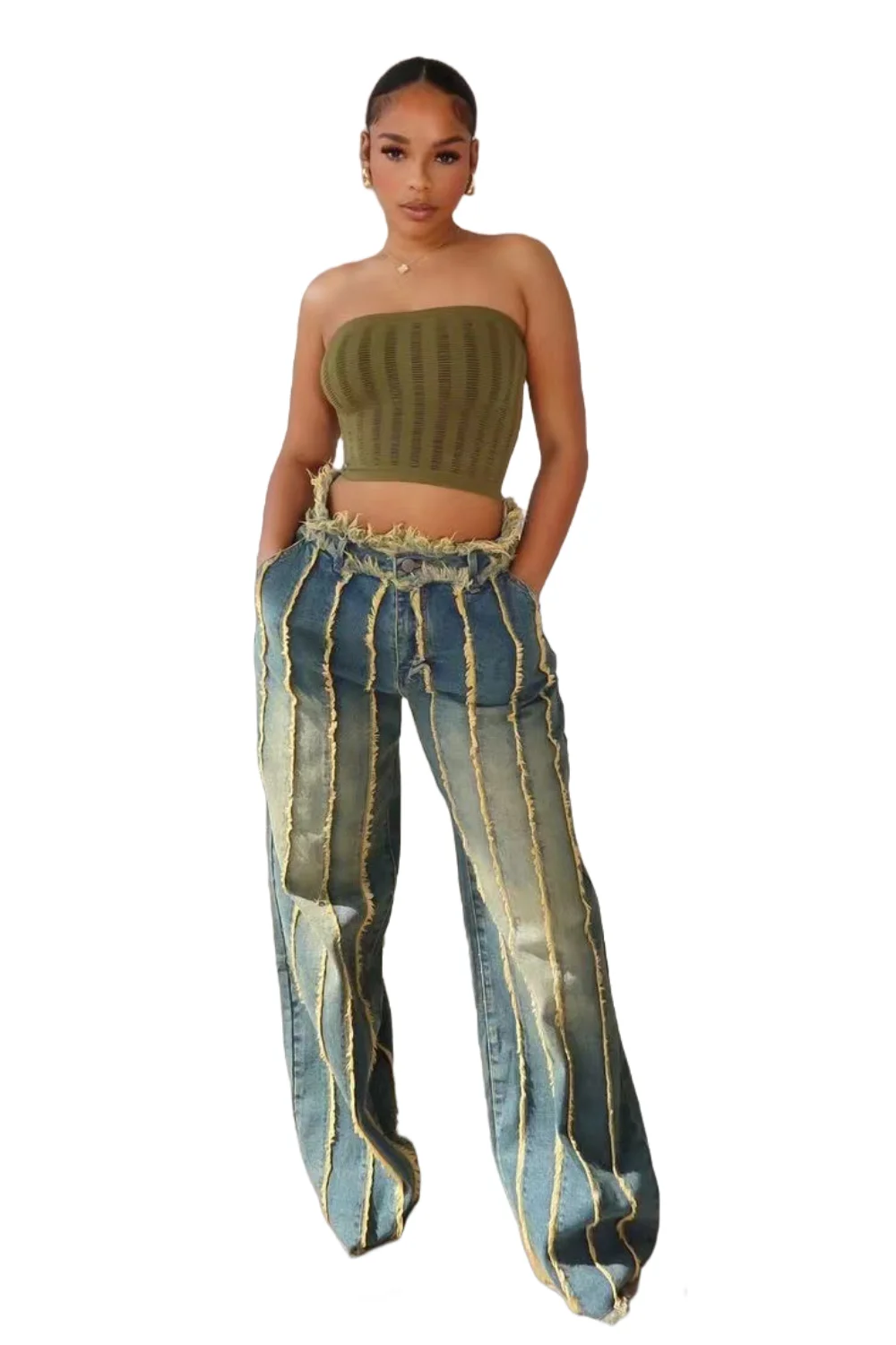 Women'S Jeans Autumn Winter Fashion Loose Splicing Tassel Stretch Denim Pants Street Wear Casual Straight Cargo Jeans Trousers