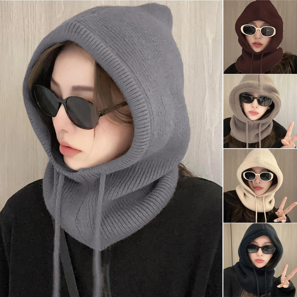 Knitted Hooded Caps Winter Balaclava Hats Women Korean Style Outdoor Warmer Drawstring Hats One-piece Neck Collar Beanies Cap