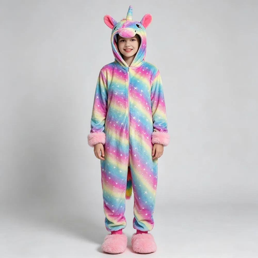 Girls Unicorn Kigurumi Pajamas Kids Homewear Winter Warm One Piece Hooded Jumpsuits Unicornio Pyjamas Onesie Boys Pijamas Tigers