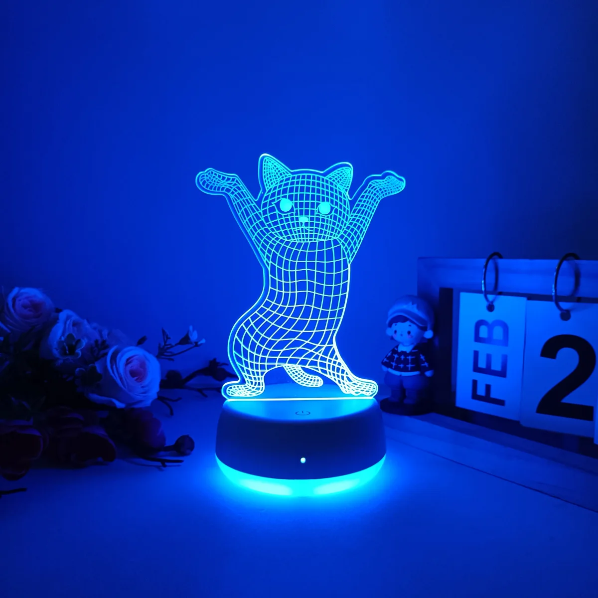 1pc Creative Cute Hand up Kitten 3D Seven Color Gradient Night Light, USB Powered Luminous Base, A Good Ideal Gift.