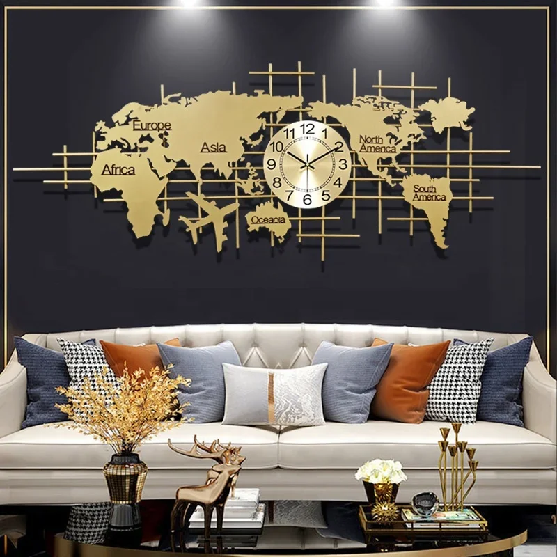 Light Luxury Home Decor Creative Silence Metal Art For Living Room Bedroom Background Decor Map Design Wall Clock