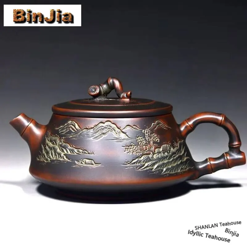 200ml Chinese Qinzhou Nixing Pottery Teapot Famous Artists Handmade Engrave Bamboo Knot Tea Pot Kettle Raw Ore Tea Set Teaware