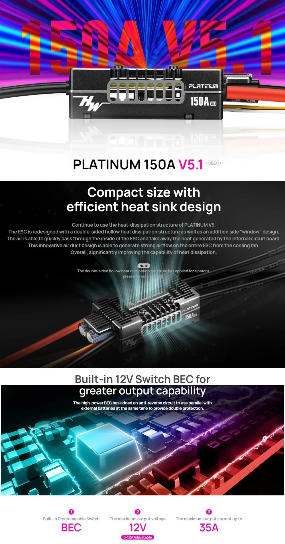 Hobbywing Platinum V5 80A 120A 150A 260A Bürstenloser ESC Elektrischer Geschwindigkeitsregler mit schaltbarem BEC-Ausgang für RC-Helikopter und Flugzeuge – Detail 15