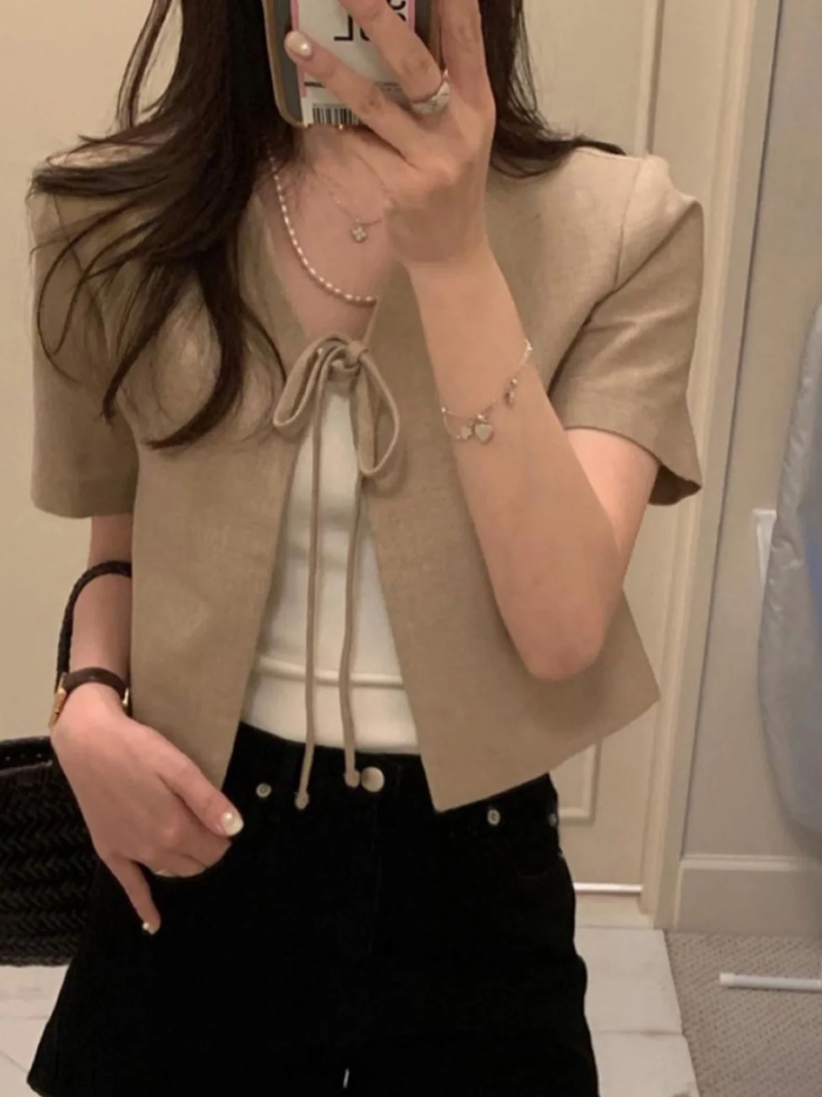 

Elegant Short Suit Style Cardigan Women's Loose Versatile Shirt Summer Fashion Outerwear with Belt Straight Cut V-Neck Short ...