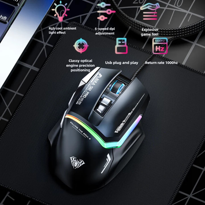 

AULA S12Pro Wired E-sports Gaming Mouse, 12800DPI 1000Hz Return Macro Mouse, 8 Buttons RGB Light Strip Backlight, Ergonomics,USB