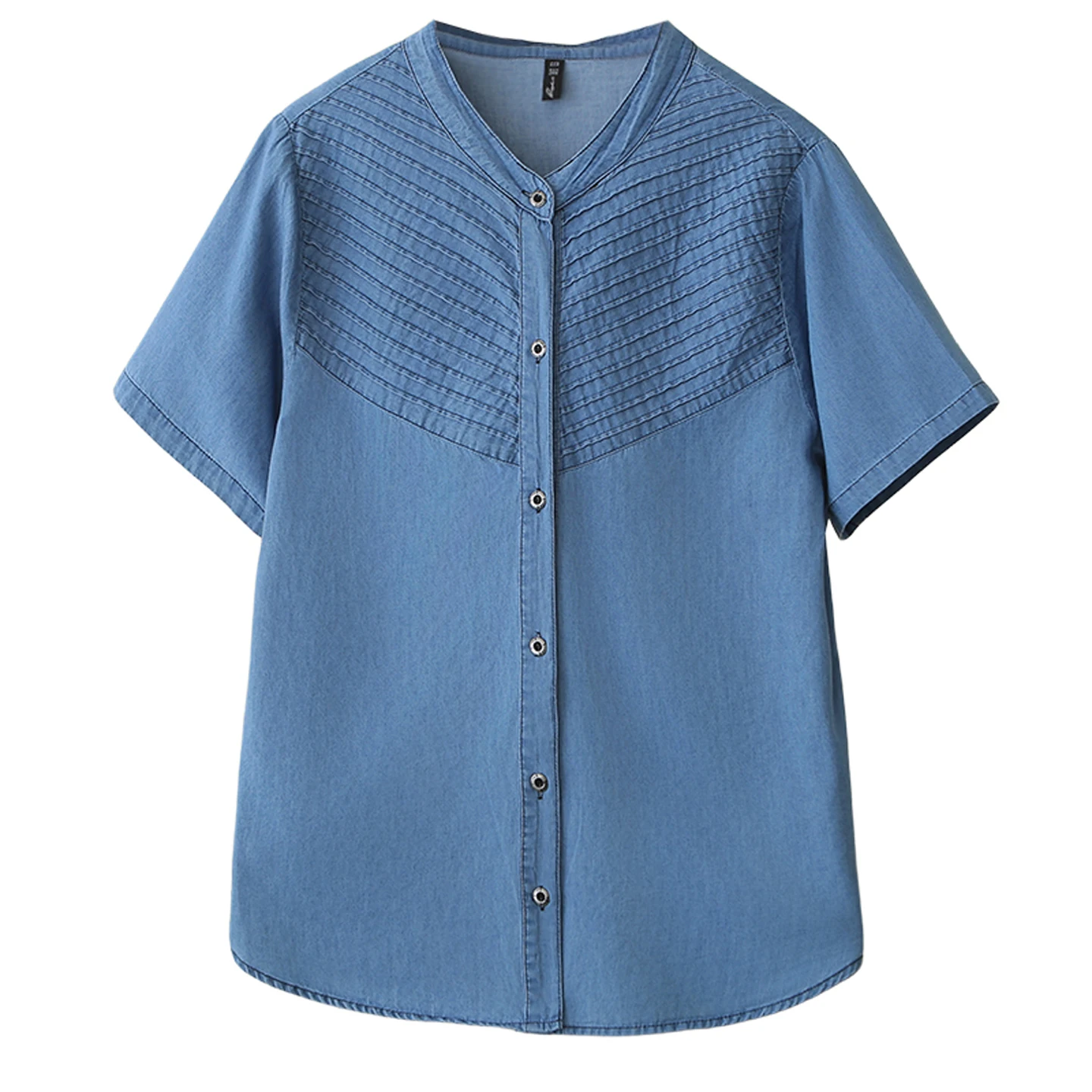 2026 Summer Plus Size Thin Denim Pleated Open Blouse Short Sleeve Daily Shirt Curvy Ladies 2603