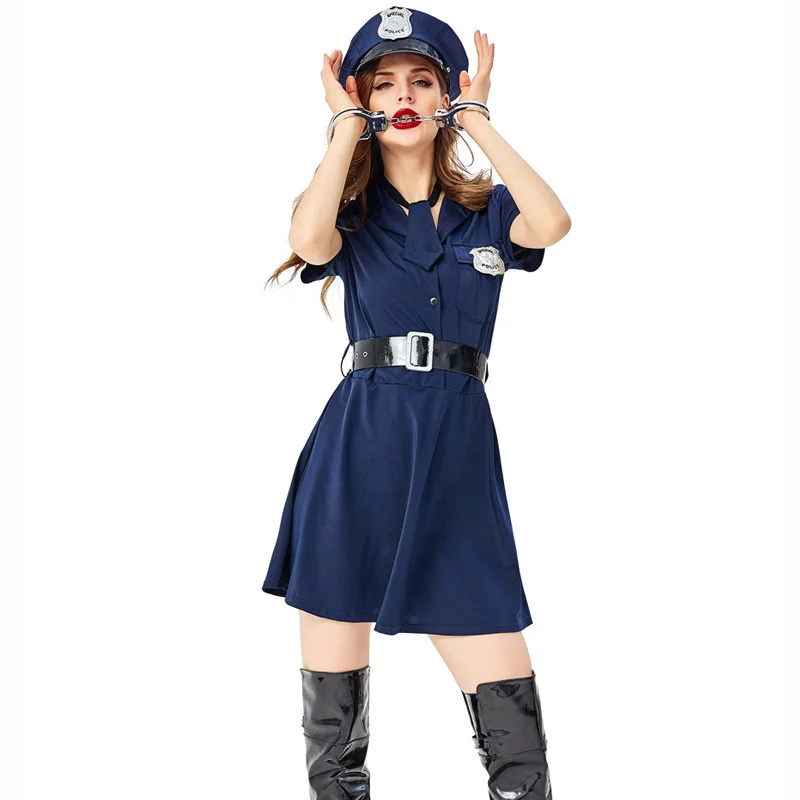 Vrouwen Kleine Agent Cosplay Uniform Volwassenen Themafeest Beroep Politie Pak Halloween Officier Rollenspel Jurk Set