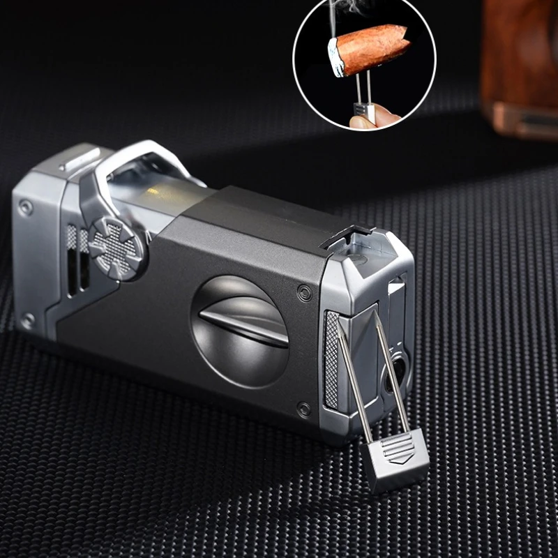 أربعة لهب أزرق ولاعة السيجار الخامس-سكين الدخان السيجار الحفر تلاعب مكافحة ضرب شوكة التهوية البصرية متعددة الوظائف الإشعال أخف وزنا