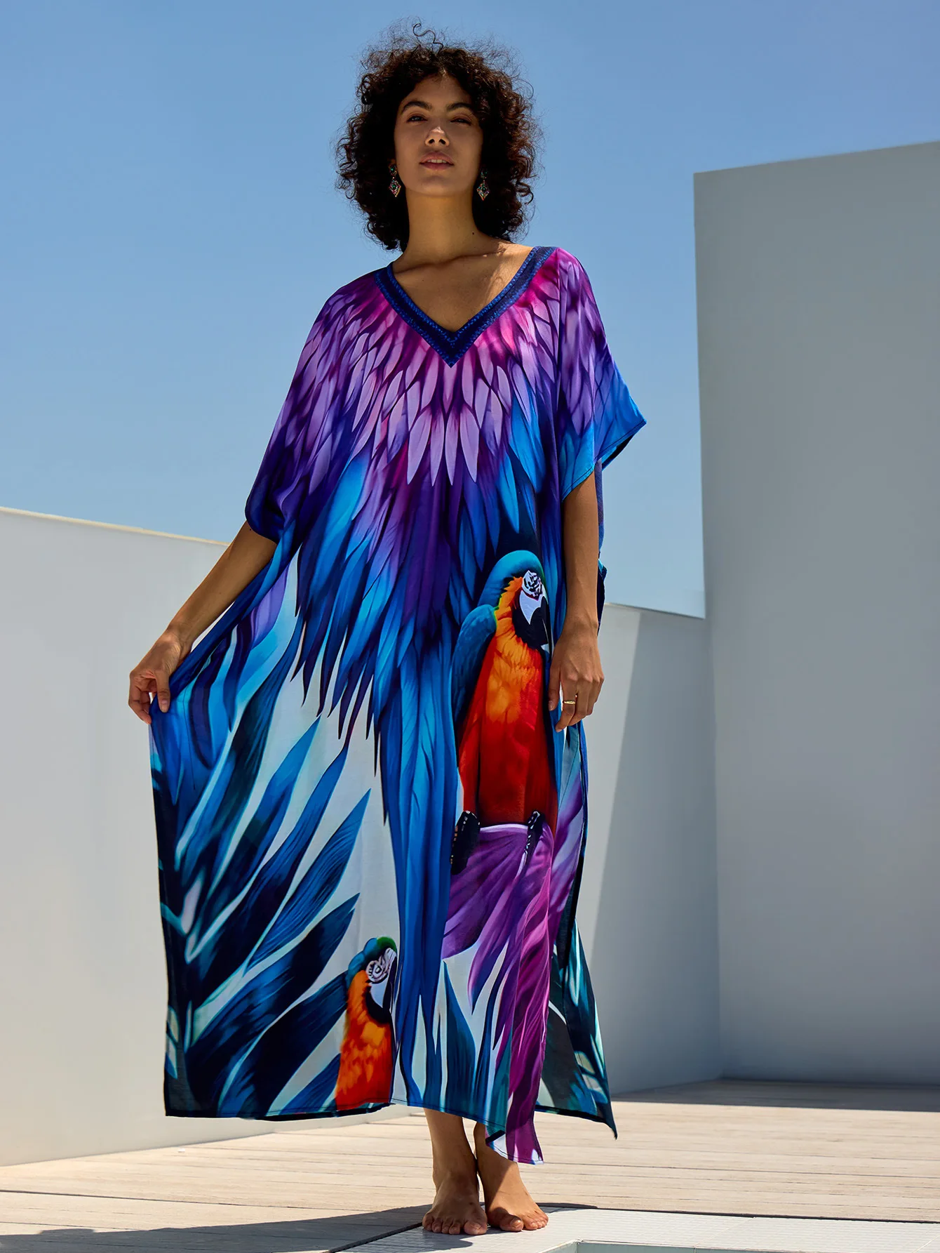 Robe de plage maxi imprimée perroquet pour femmes, kaftans, cover-up pour les maillots de bain, vêtements de vacances d'été, approvisionnement d'usine