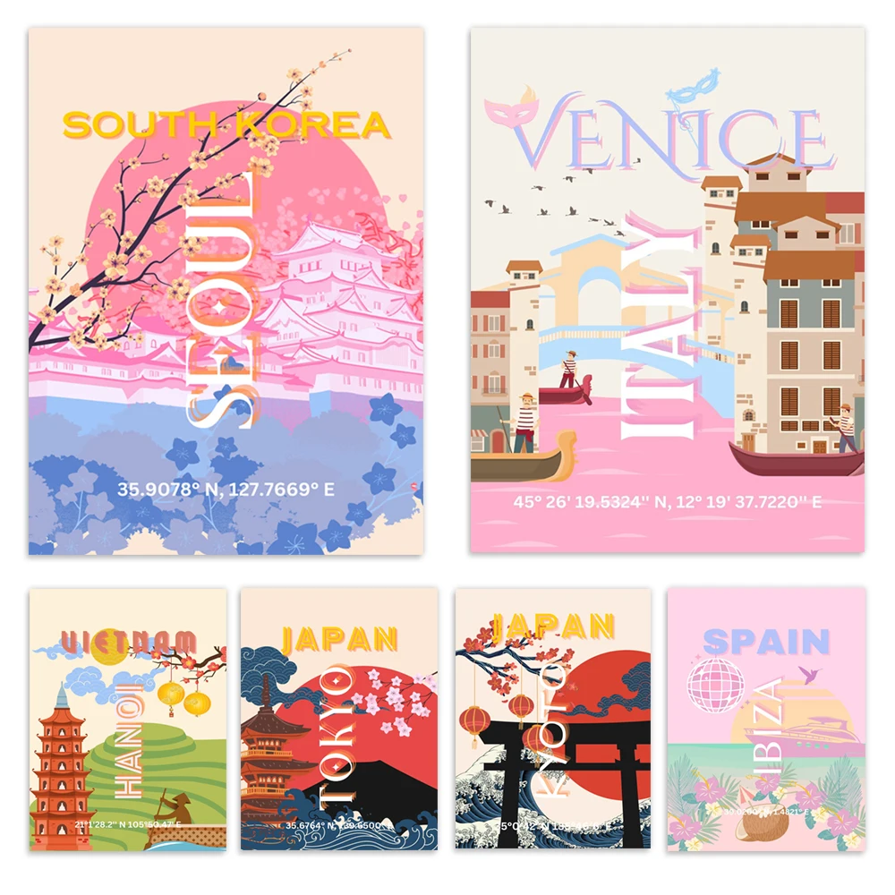 Seoul, Hanoi (Vietnam), Tulum, Japan, Los Angeles (California, USA), Tropical beaches of Ibiza, Paris (France) - Travel posters