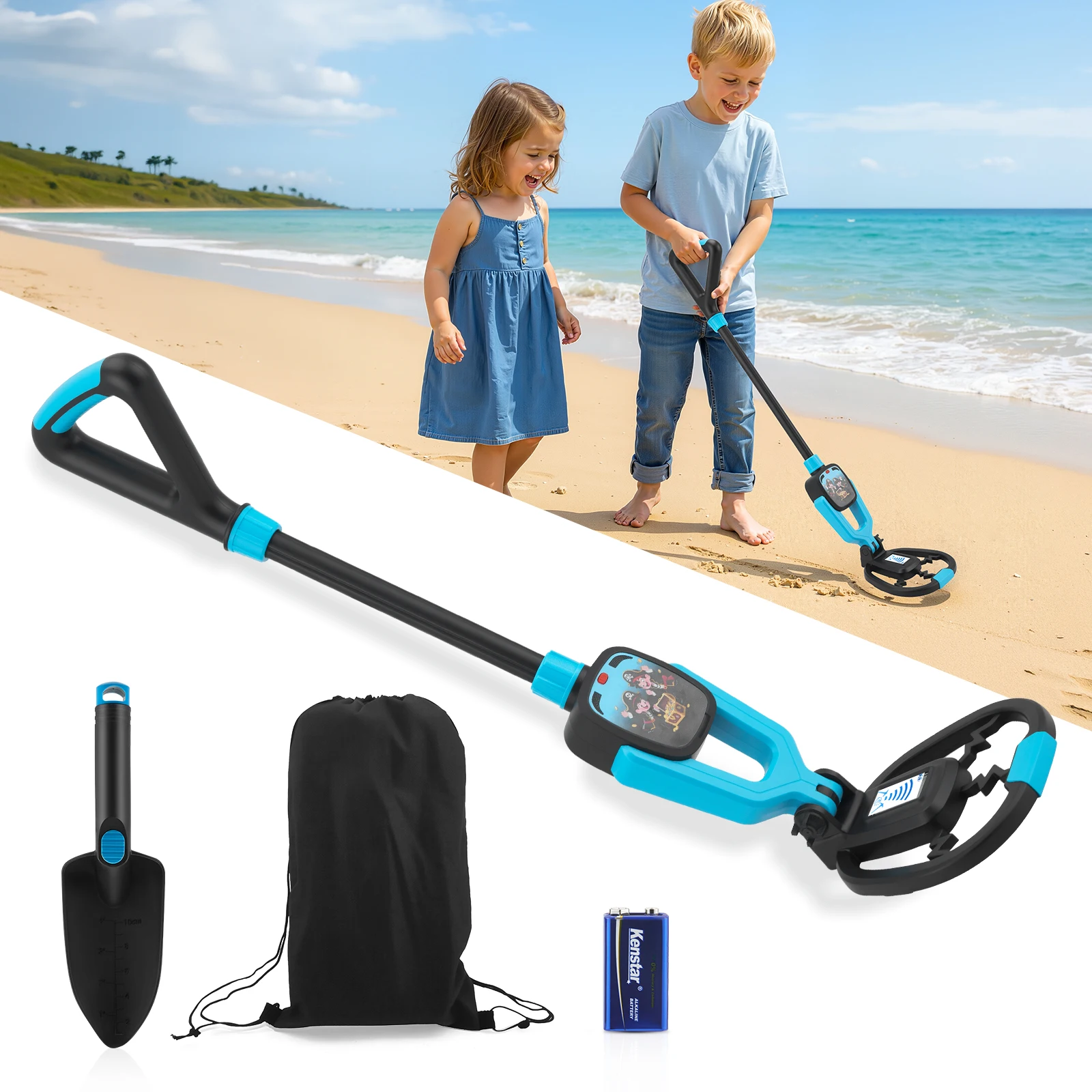Detector de Metales con Temática Pirata para Niños - Kit Completo de Búsqueda de Tesoros con Varilla Ajustable, Pantalla LCD, Pala y Mochila