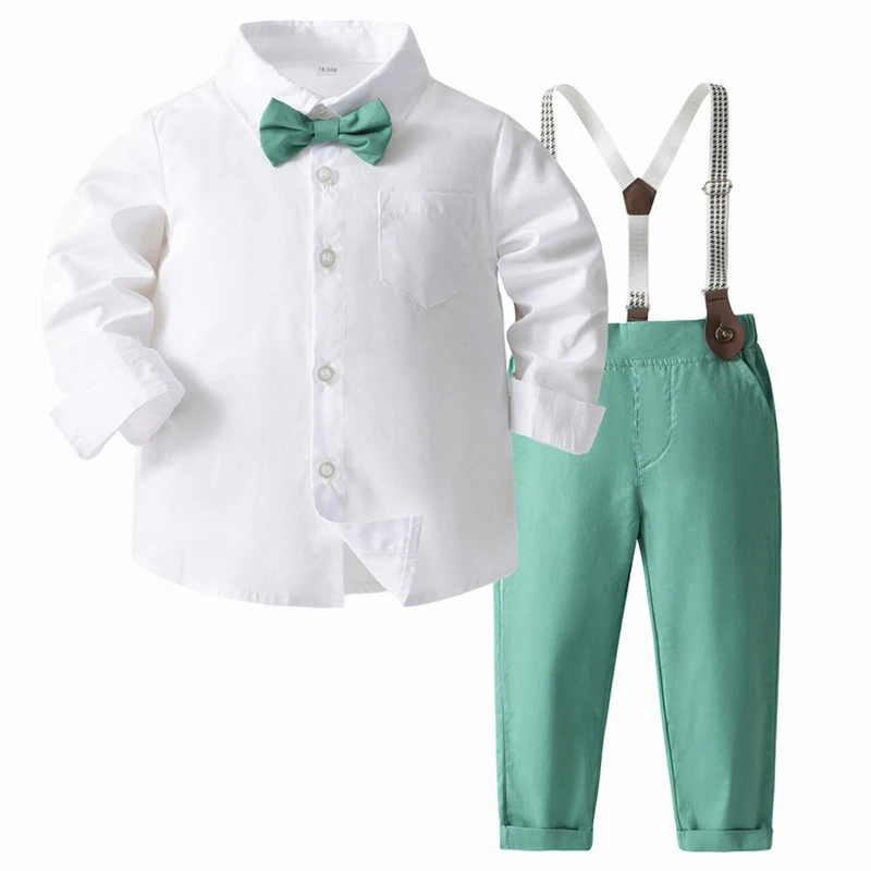 

4Piece Spring Fall Baby Boy Luxury Clothes Fashion Gentleman Cotton Long Sleeve Tops+Pants+Tie+Straps Korean Outfit Set BC2212-1