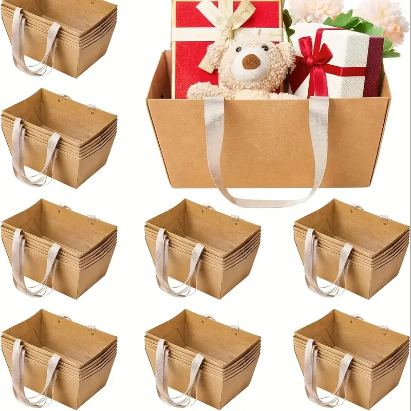 

4pcs Paper Basket For Gifts Empty DIY Bulk Gift Basket Kit With Handles Kraft Cardboard Tray Organization Party Supplies