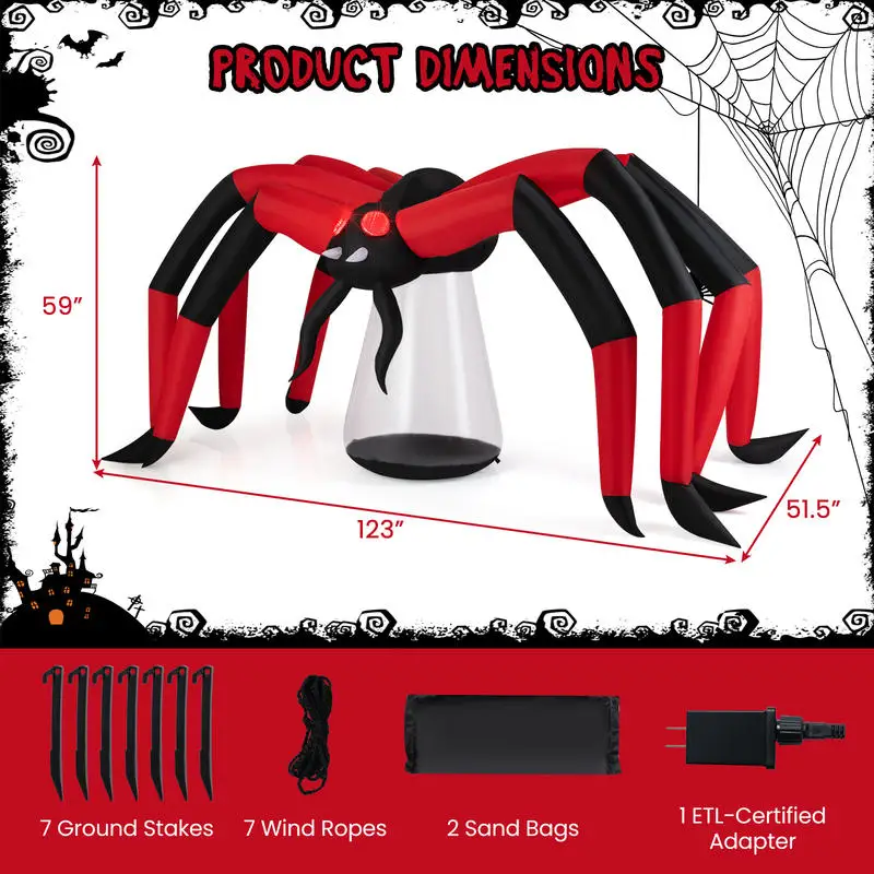 Halloween Inflatable Spider Blow Up Yard Scary Spider with Red Tunnel Light Eyes