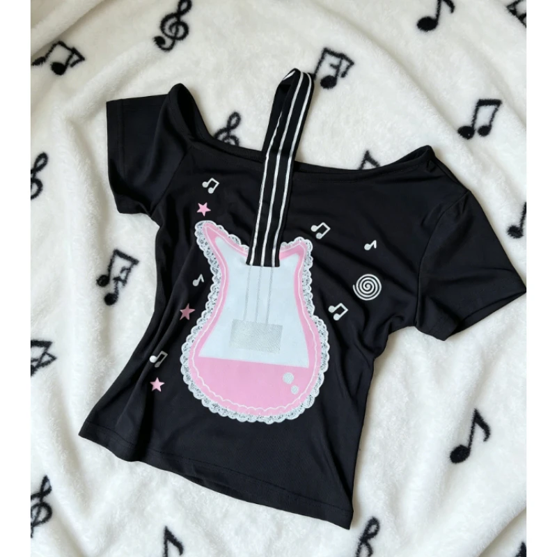 Y2K Punk One Shoulder Short Sleeve Slim Fit Crop T Shirt Women Guitar Music Note Graphic Print Casual Streetwear Top 2026 New