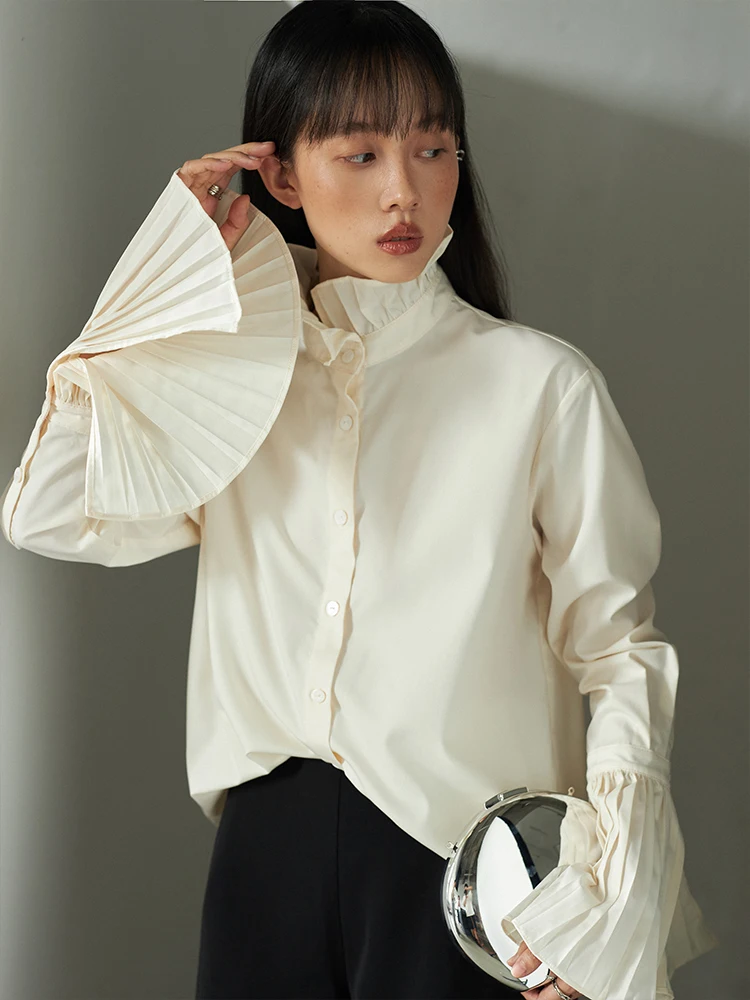 

Women's Vintage Pleated Loose Stand Collar irt Korean Sle Commute Faion Inner Wear Layering Top Korean Polyester