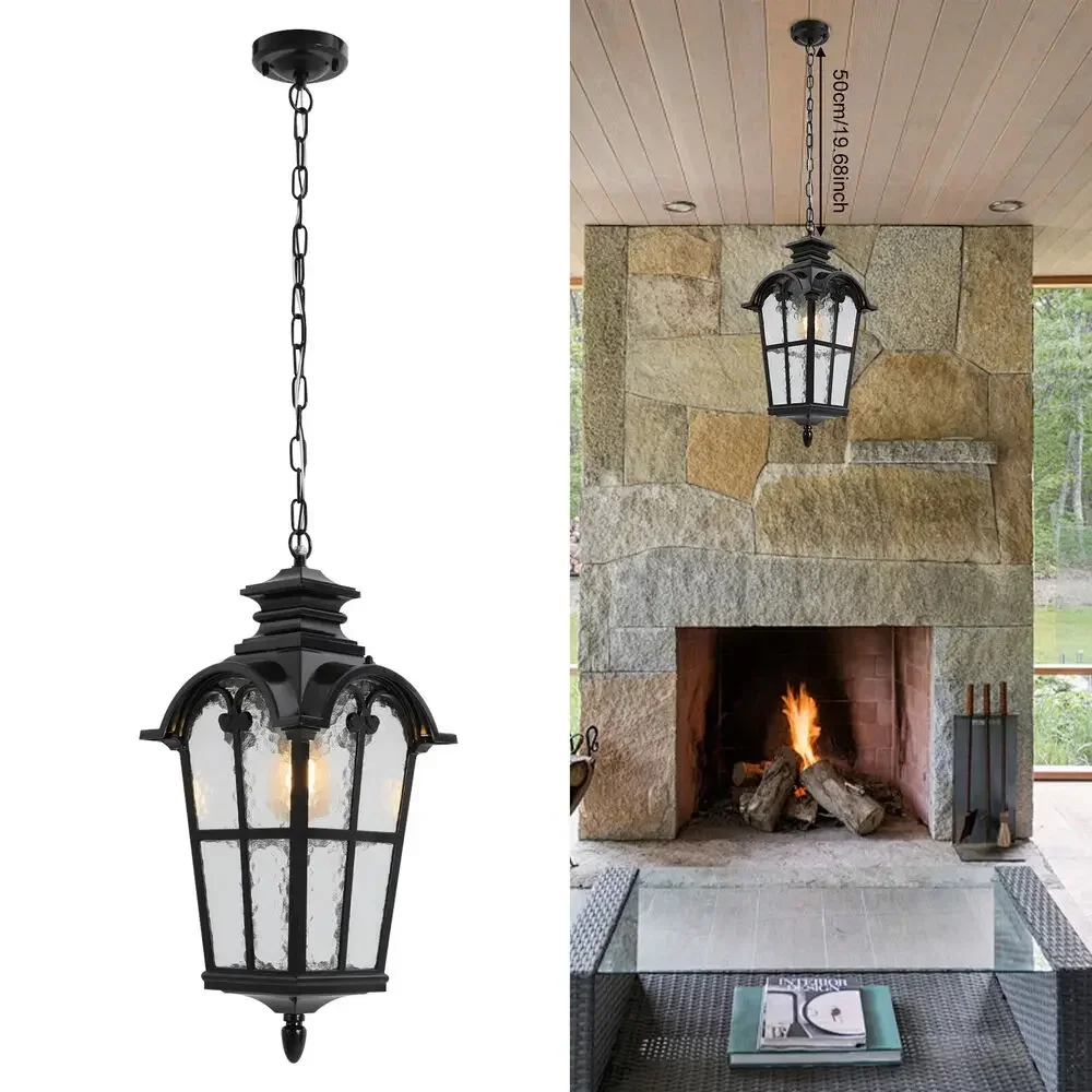 Vintage Farmhouse Outdoor Light Fixture – Black Hanging Light with Seeded Glass for Rustic Porch and Patio Illumination