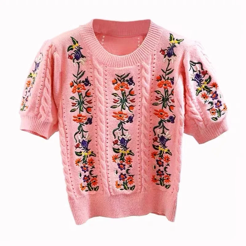 Flower Embroidery Short Sleeve Sweater Women Fashion Hollow Out Design O-Neck Slim Pullover Knitwear Crop Top 2023 Summer