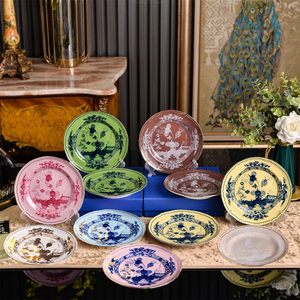 Oriental Series 6.7in Ceramic Double Plate Set Luxurious Exquisite Home Dinner Plate Dim Sum Plate Wedding Housewarming Souvenir