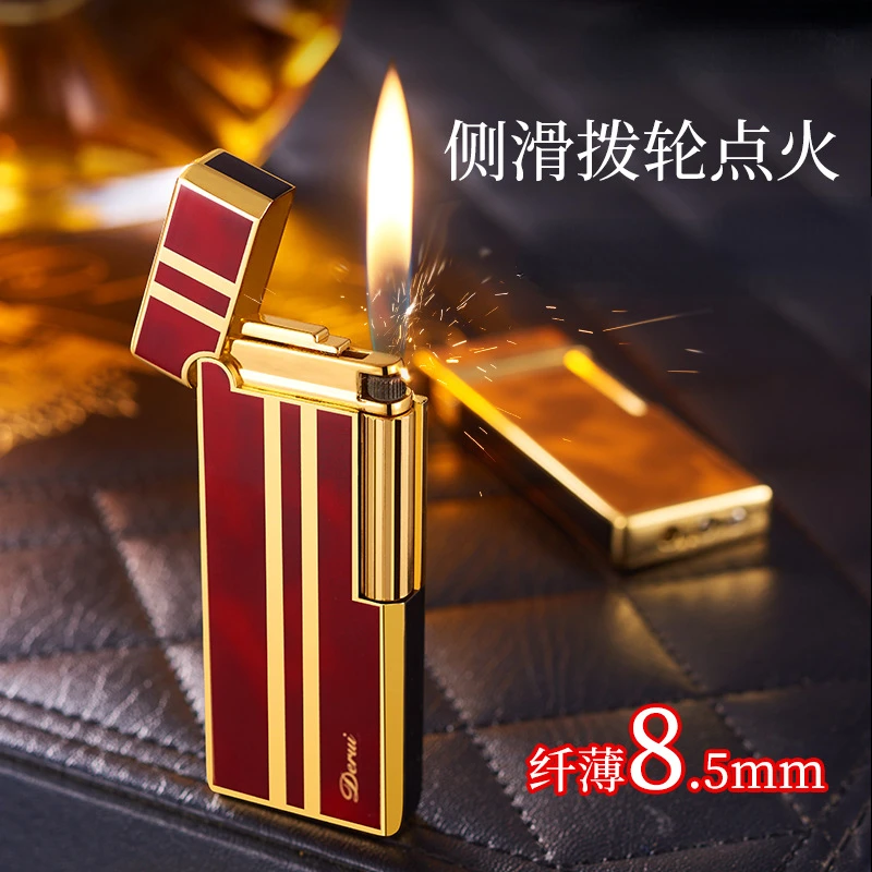 New Derui Metal Ultrathin Portable Inflatable Lighter Grinding Wheel Side Impact Men\'s Father\'s High end Gift SmokingAccessories