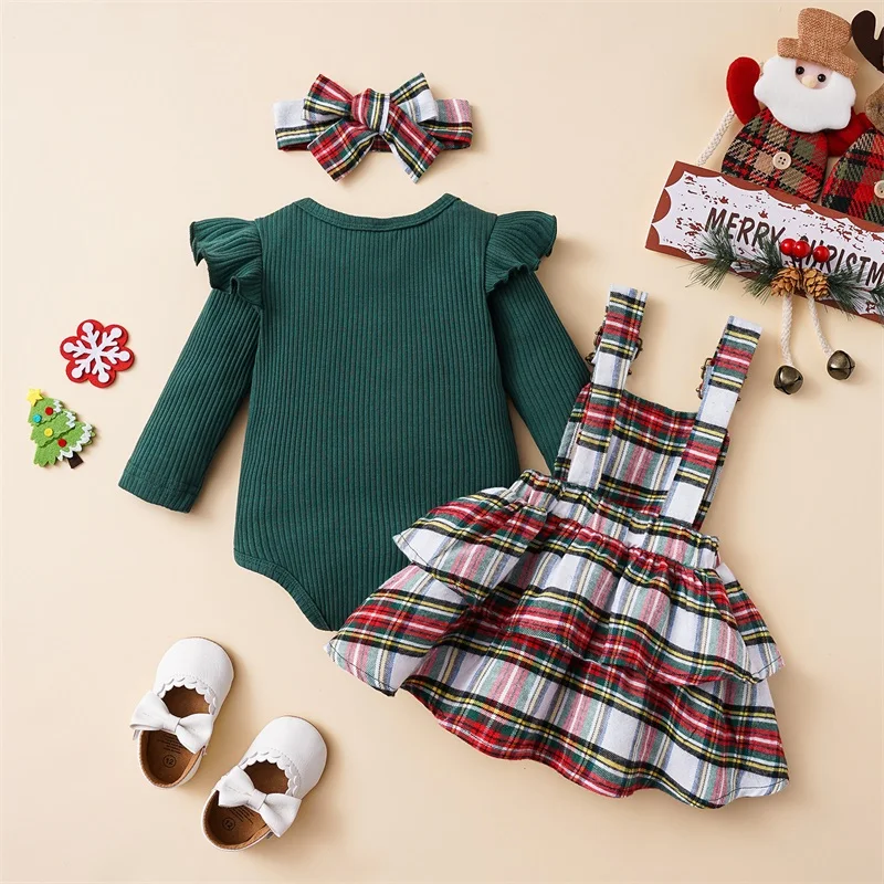 Infant Newborn Baby Girls Christmas Outfit Ruffle Long Sleeve Ribbed Crew Neck Bodysuit Plaid Suspender Skirt Headband 3Pcs