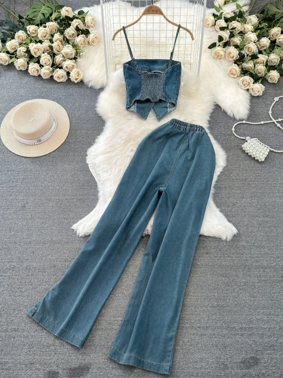 Conjunto de dos piezas de top ter de mezclilla a la moda y falda de cintura alta para mujer, diseño ajustado de longit...