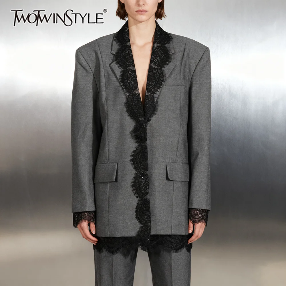 

TWOTWINSTYLE Hit Color Loose Spliced Lace Elegant Blazers for Women Lapel Long Sleeves Design Sense Blazer Female Fashion New