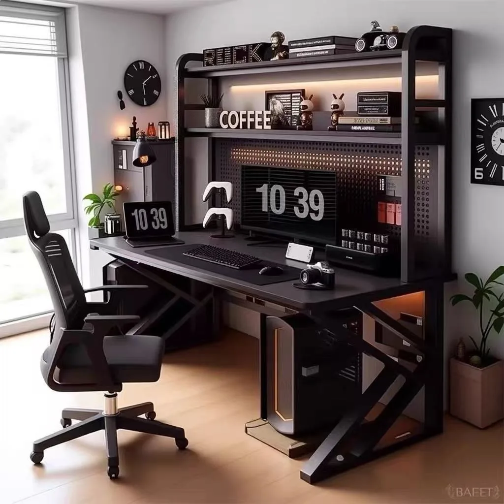 

Computer Desk Office Household Desk Bedroom Student Writing Desk Bookshelf Integrated with Hole Board Simple Storage Study Table