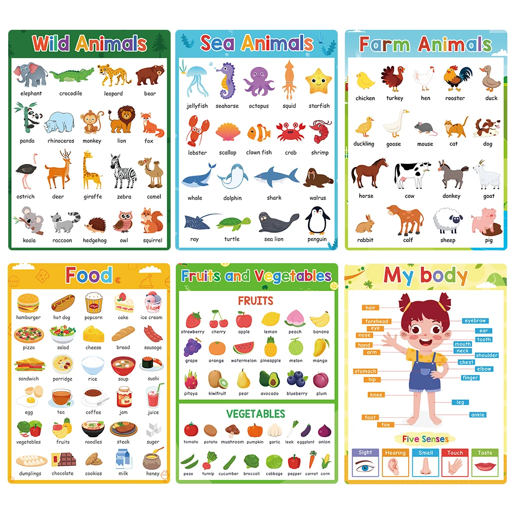 Educational Posters for Preschool Kids English Words Learning Montessori Teaching Aids Classroom Decoration A4 Charts