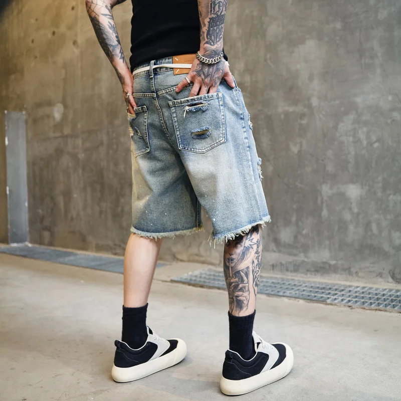 شورت جينز رجالي عالي الشارع مغسول - شورت ممزق بطول الركبة كاجوال بنمط الجرونج ملابس صيفية للشارع