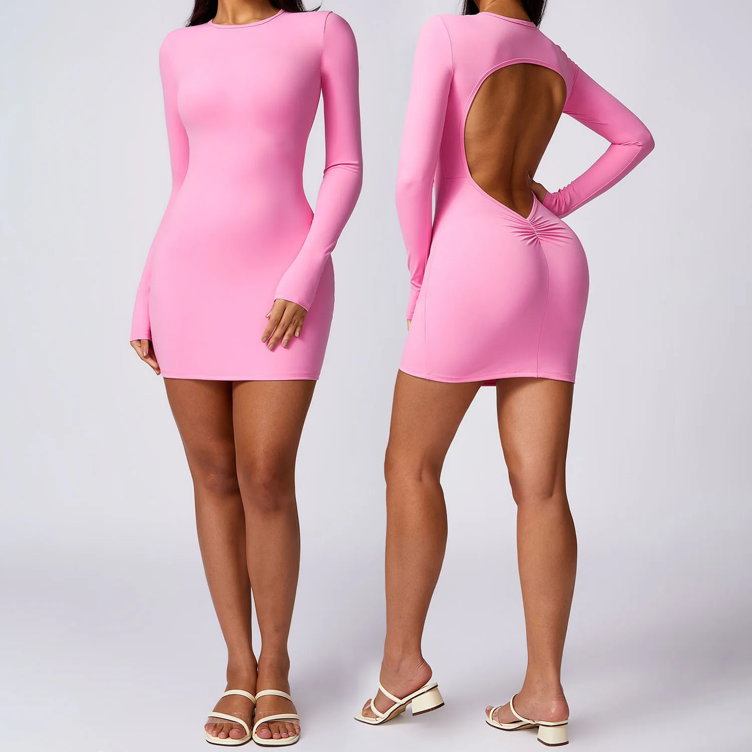 

Sports Long Sleeve Backpack Hip Dress Sexy Inner Skinny Tight Short Dress Casual Soft Round Neck Hip Lifting Sportswear Women