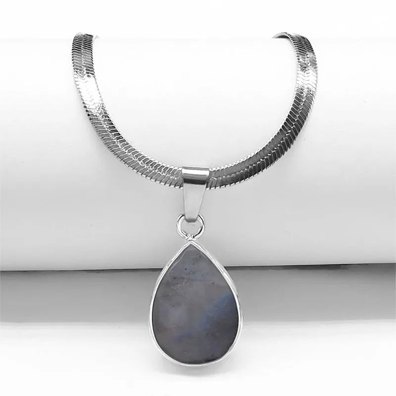 Gothic Wasser Tropfen Schwarz Obsidian Halskette Frauen Edelstahl Schlüsselbein Schlange Kette Choker Naturstein Halsketten Kpop Schmuck – Detail 5