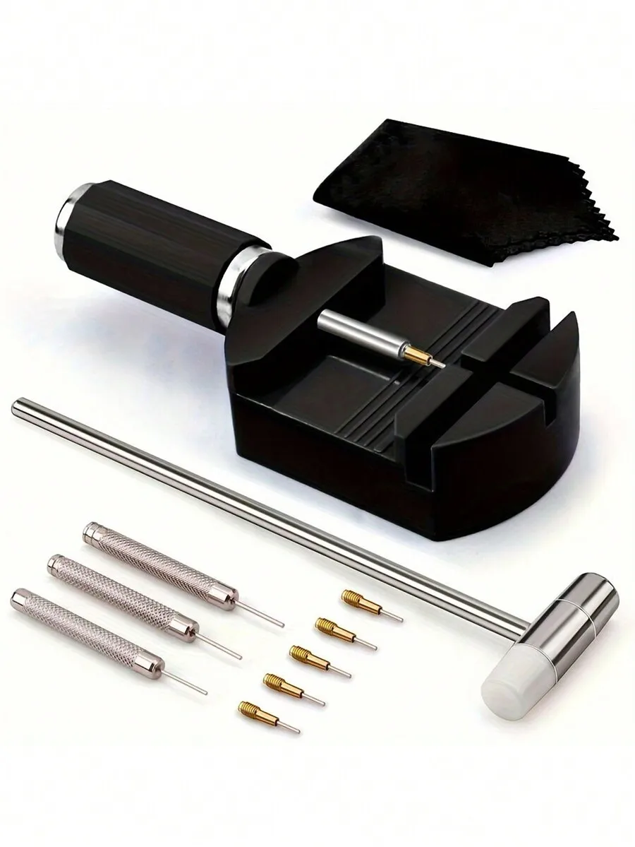 

Набор инструментов для регулировки и ремонта ремешков часов из 11 предметов: съемник звеньев, молоток и салфетка для чистки