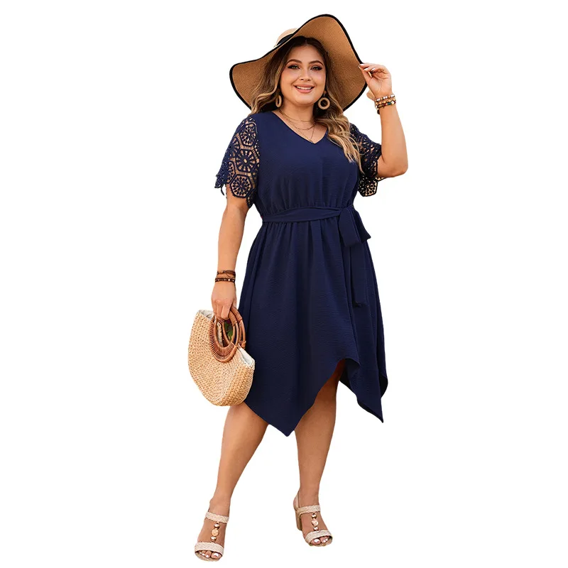 Plus Size Dress Summer V-neck Navy Blue Solid High Waist Dress for Women Hollow Sleeve Oversized Clothing Knee Length