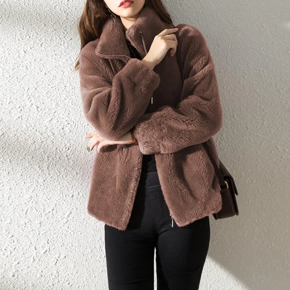 Women Stand Collar Jacket Plush Double-sided Winter Coat With Stand Collar Zipper Closure For Commute Travel Women's Warm Jacket