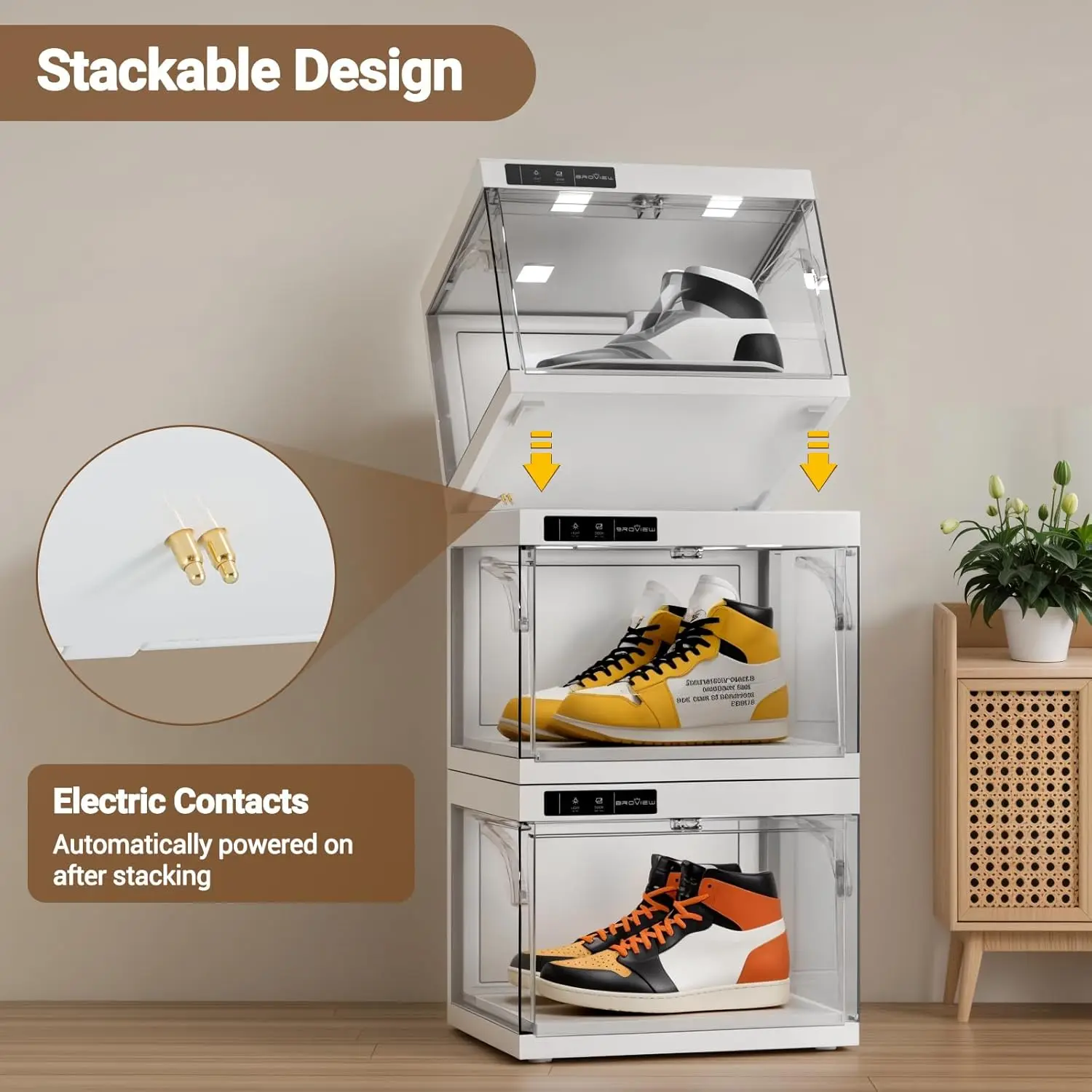 Kotak Display sepatu dengan lampu LED, kotak penyimpanan Sneaker besar dengan Remote Control otomatis pintu, pengatur sepatu Stackable bening f