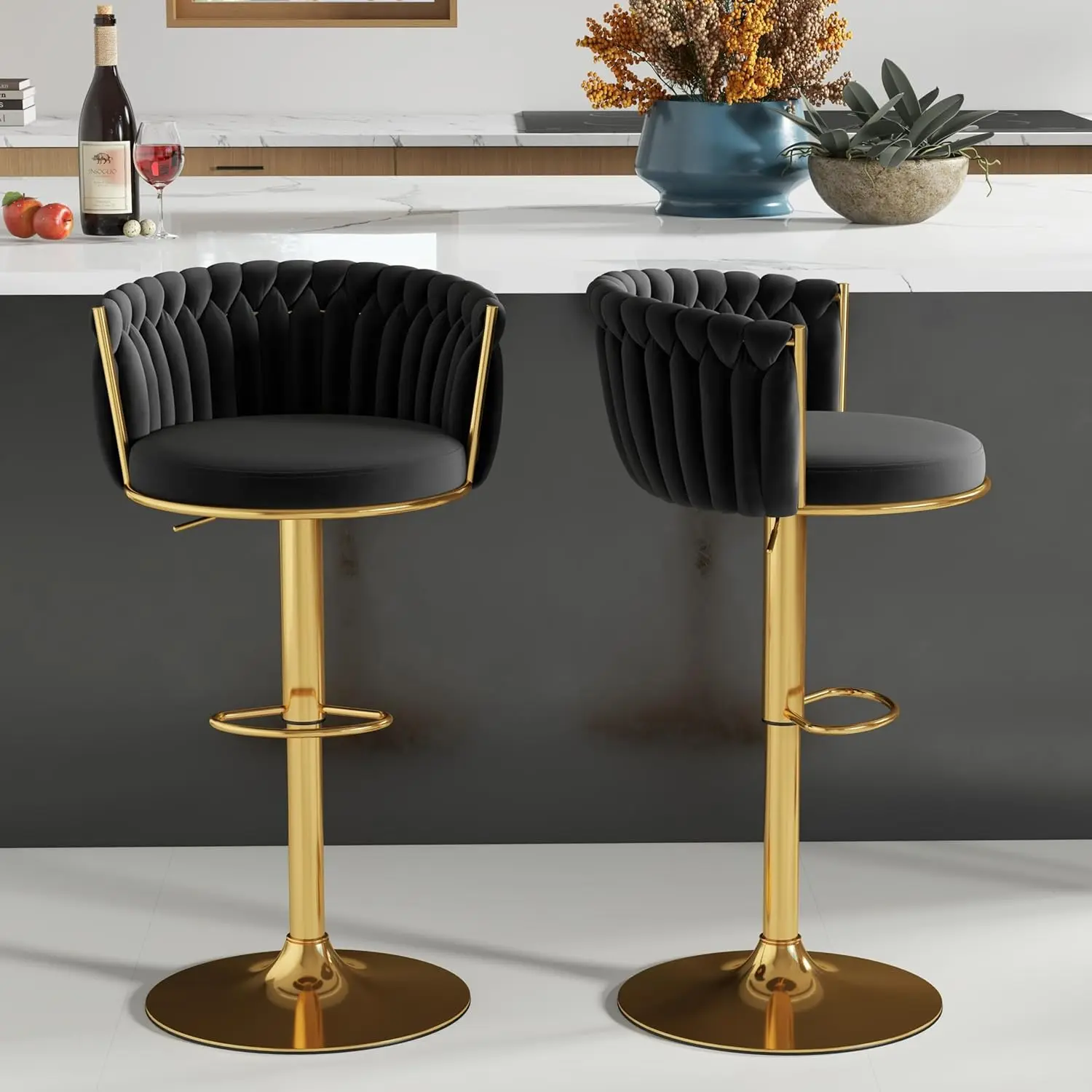 

ABET Gold Bar Stool Set of 2, Velvet Swivel Barstools, Height Adjustable Counter Stools with Woven Back