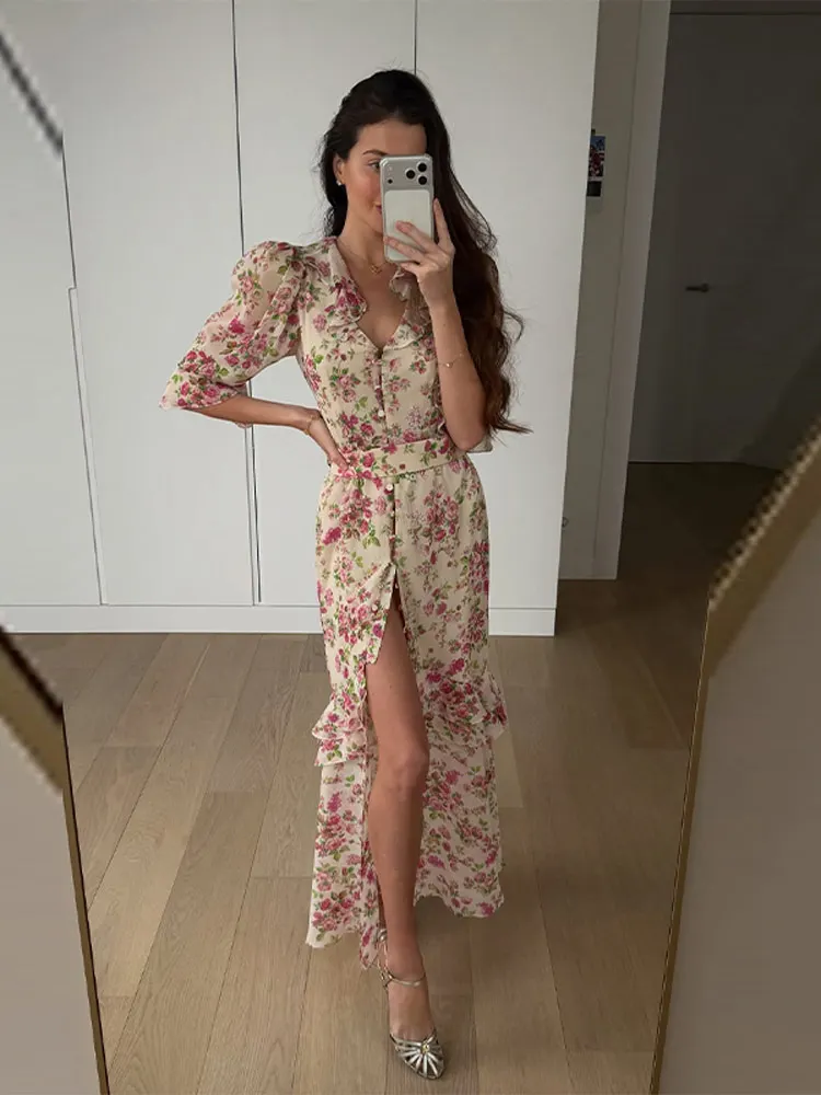 Schulterpolster Taillenschnürung Rüschen Langes Kleid Damen Sexy V-Ausschnitt Halber Ärmel Einreihig Schlankes Party-Abendkleid Neue Roben – Detail 6
