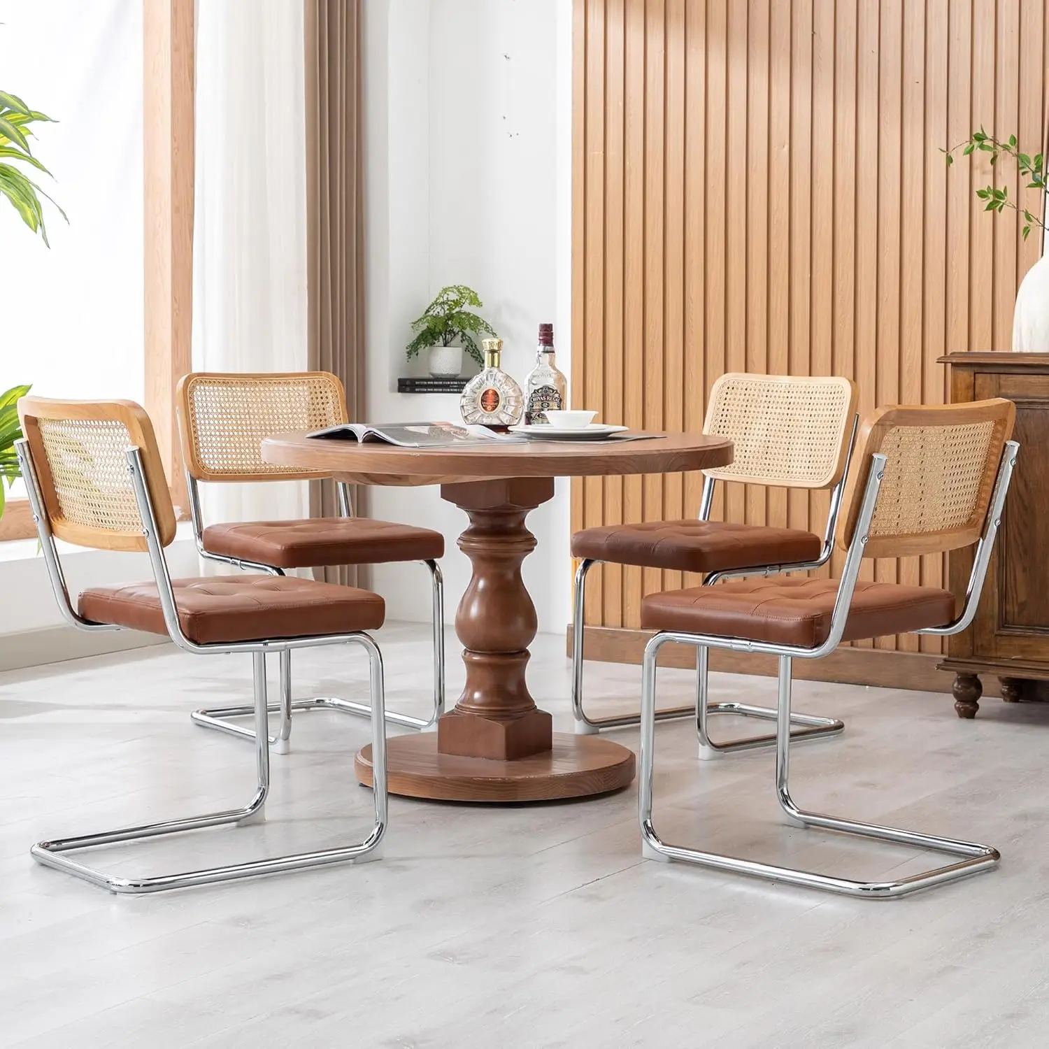 

Mid Century Modern Dining Chairs Set of 4, Faux Leather Rattan Dining Room Kitchen Side Chairs with Metal Legs