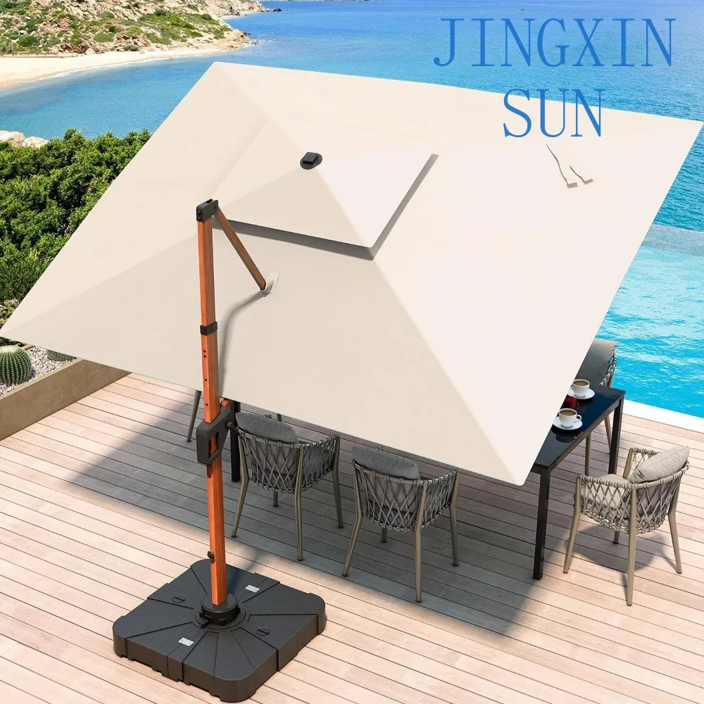 JZAC & QZYD 10 X 13 FT Cantilever Patio Umbrella Outdoor Large Double Top Deluxe Wood Grain Heavy Duty Rectangle Offset Umbrella