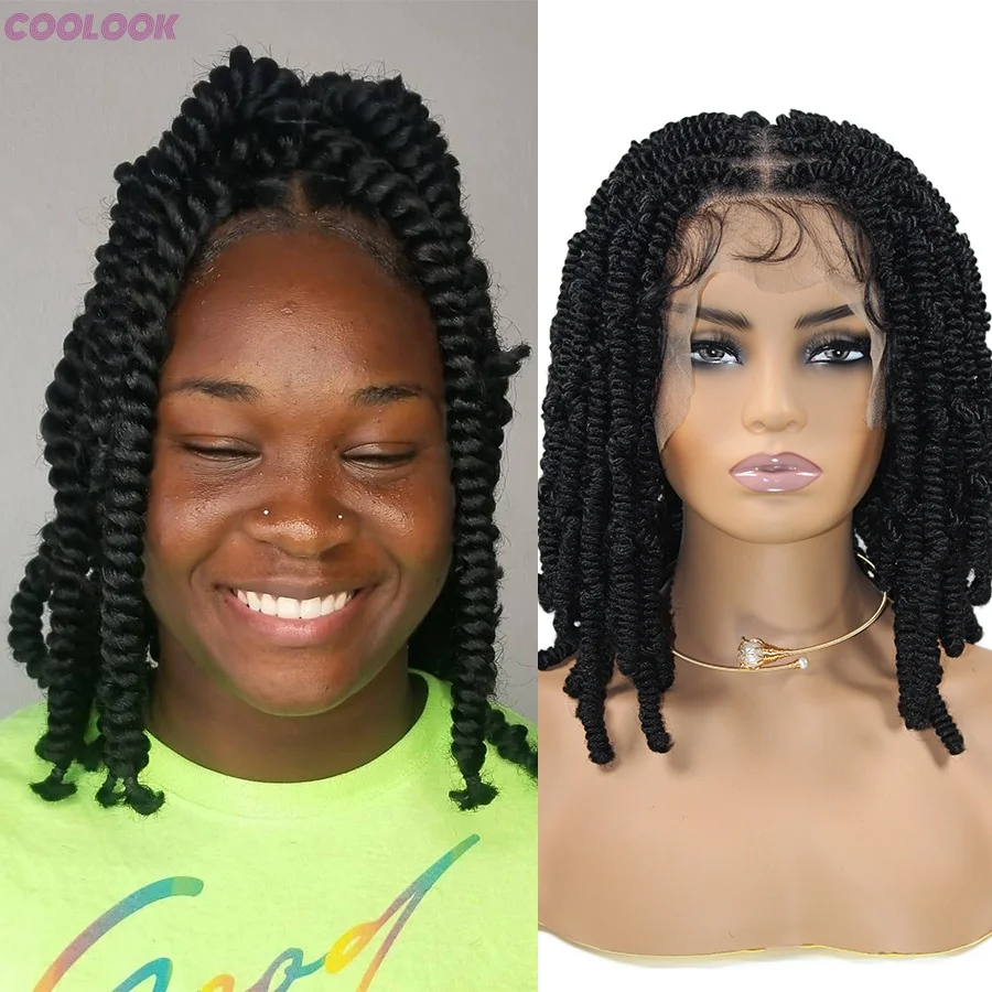 

Короткие весенние плетеные парики 12 дюймов Синтетический полный парик фронта шнурка Квадратная часть без узлов Коробка Боб Твист Косы Парик для чернокожих женщин