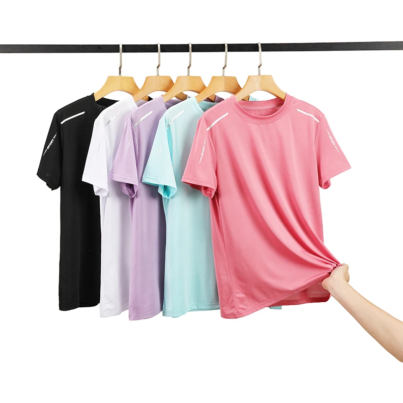 CHRLCK US/EU Size Women Quick Drying Short Sleeves Street Jogging Fitness Solid Color Breathable T-shirt Reflective Strip Woman
