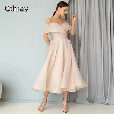 Elegant Cocktail Dress Off The Shoulder Tulle Pleated A-Line Tea Length Lace Up Prom Dress Customized Vestidos De Noche
