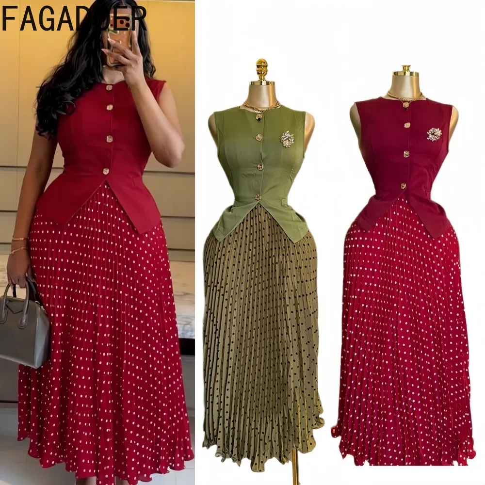 

FAGADOER Summer New FAGADOER Polka Dot Print 2 Pieces Set for Woman Solid Color Sleeveless Vest and Long Skirt Female Streetwear