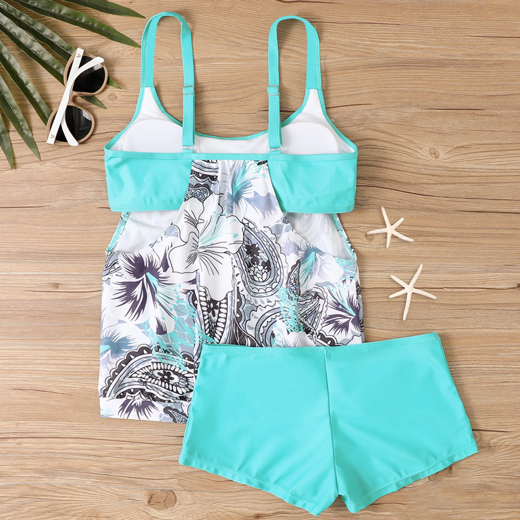 Fashion Plus Size Tankini Two Piece Swimsuit Set with Printed Sexy Beachwear for Women Summer Vacation
