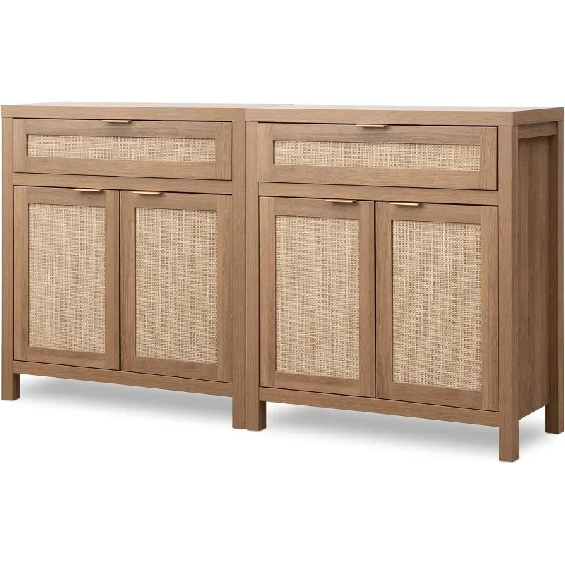 

Sideboard Buffet Cabinet Set of 2, Rattan Credenza Storage, Boho Buffet Table Console Cabinet w/ Drawer for Entryway Living Room