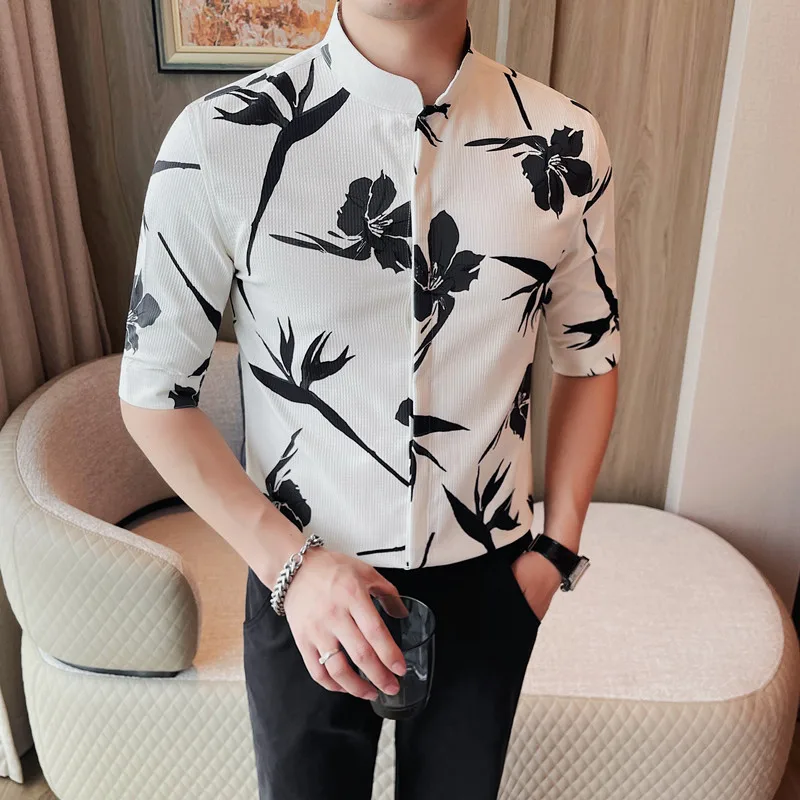 

Men's Printed Half Sleeve Shirts Fashion Elegant Men Stand Up Collar Slim Fit Casual Business Social Formal Shirt Club Outfits