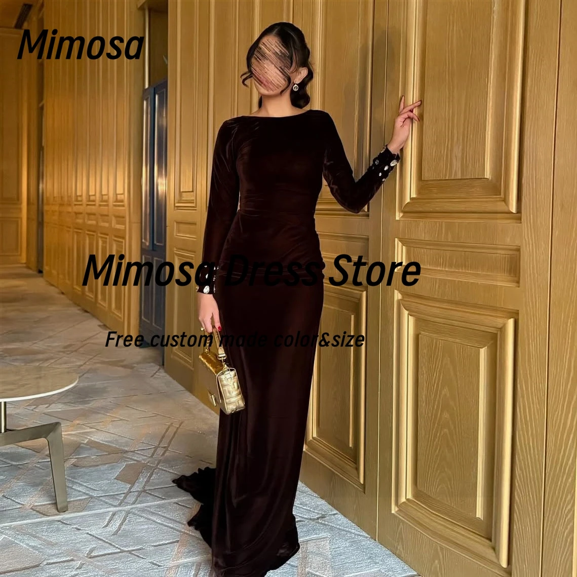 Mimosa Abiti da ballo sexy aperti sul retro Cristalli Abiti da sera a maniche lunghe Le donne saudite indossano abiti da festa in velluto personalizzati